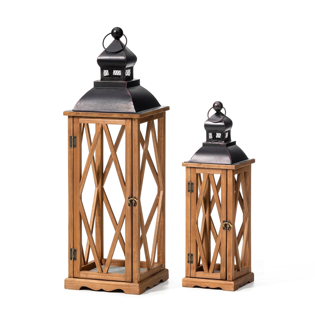 Glitzhome® Farmhouse Antique Diamond Wood & Metal Lanterns Set